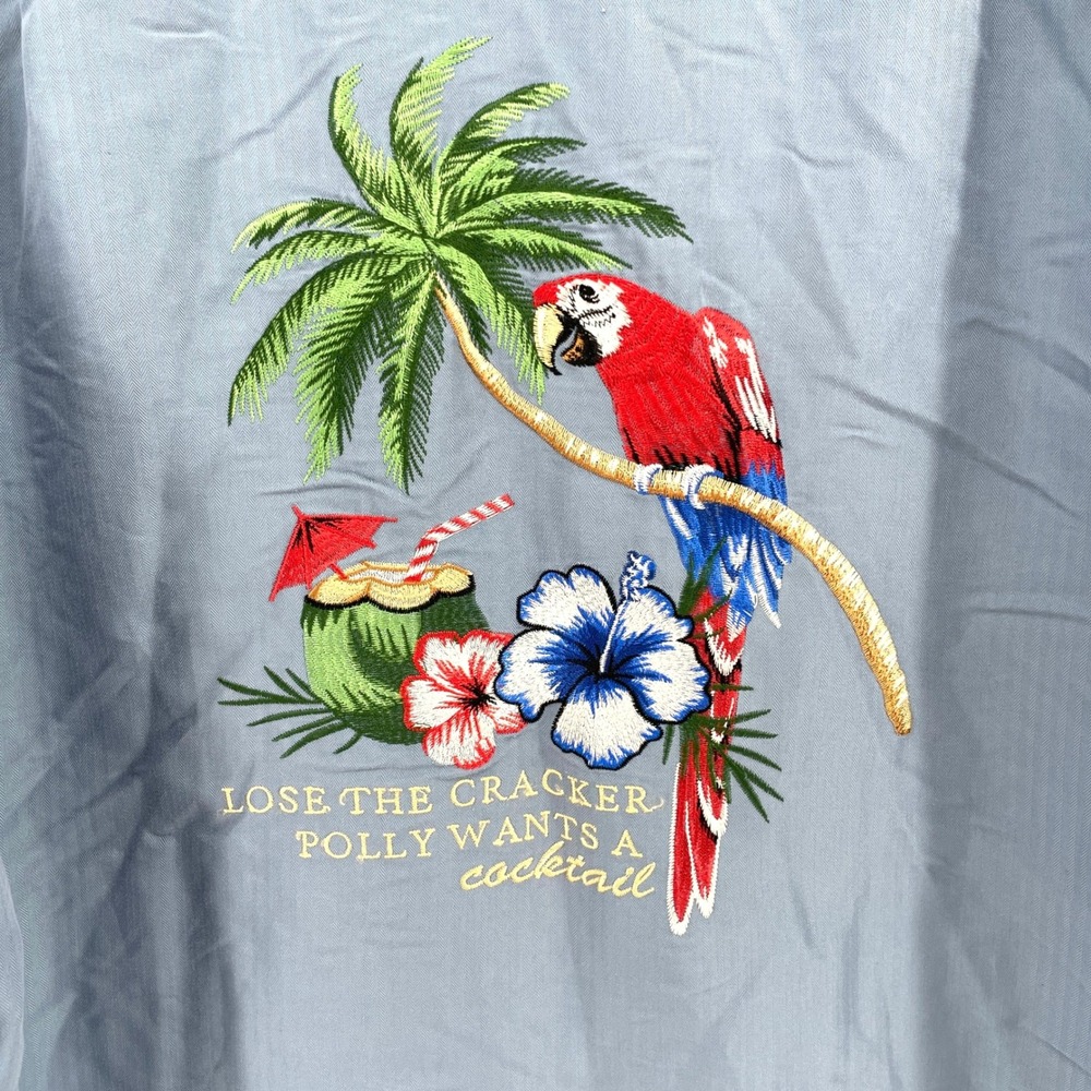 Caribbean Parrot Cocktail Embroidered Camp Shirt Mens Large Blue Short Sleeve‎